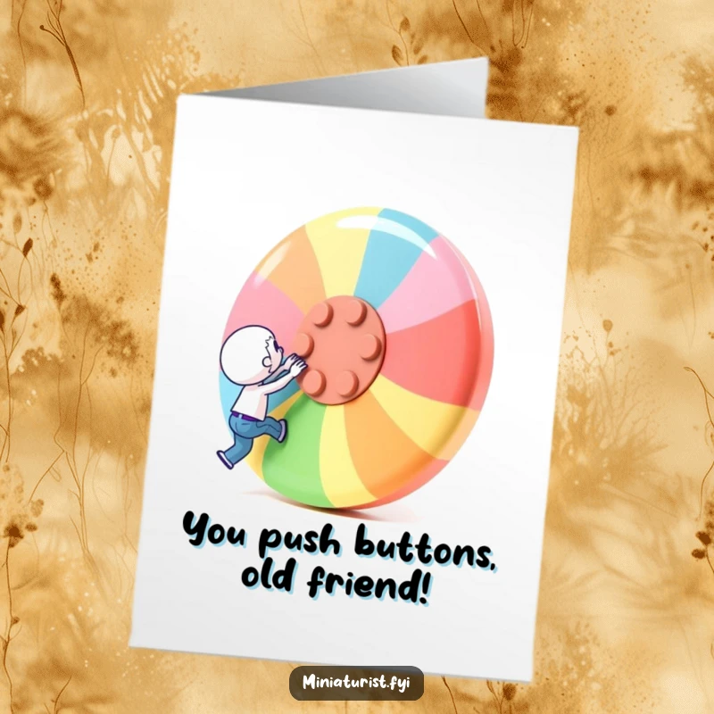 Funny Free Printable Birthday Card featuring a miniature character straining to lift a comically giant, colorful button.