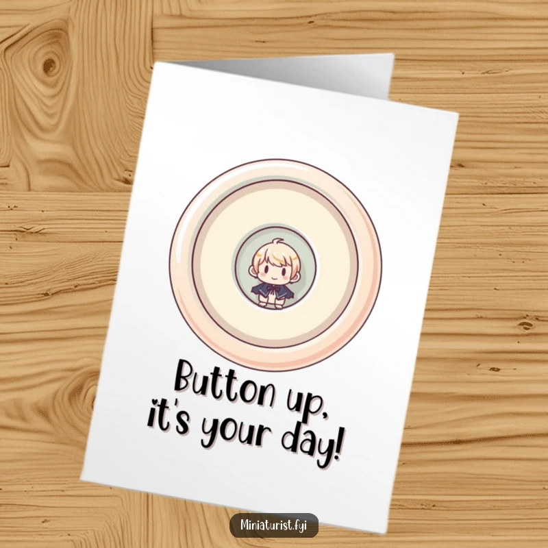 Funny Free Printable Birthday Card: Tiny character peeking out from a giant, upside-down button, a playful surprise.