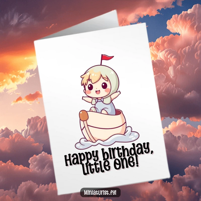 Funny Free Printable Birthday Card: A miniature character joyfully sailing a thimble as if it were a tiny, adventurous boat.