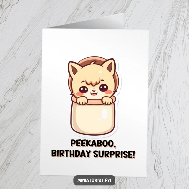Funny Free Printable Birthday Card: Small character grins mischievously peeking out from inside a sewing thimble, a playful DIY gift.