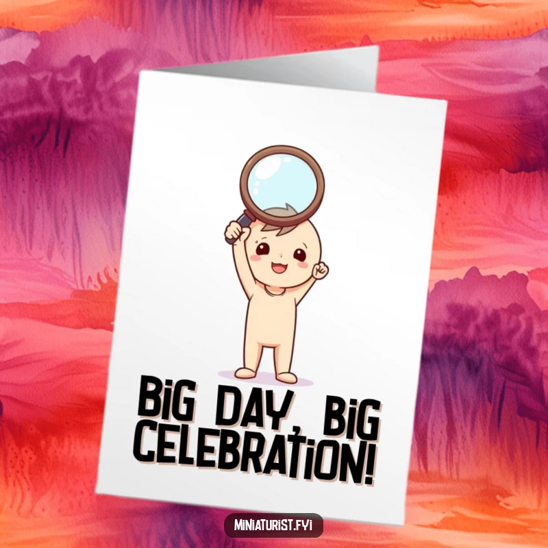 Funny Free Printable Birthday Card featuring a tiny figure triumphantly holding a comically large magnifying glass, ready to investigate.