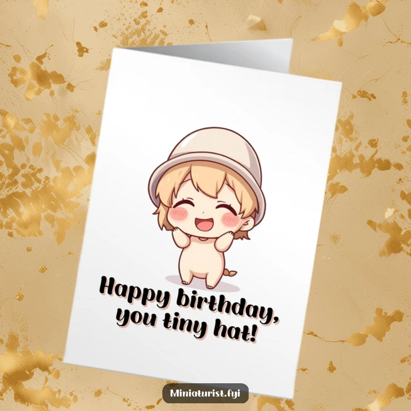 Funny free printable birthday card: tiny character giggling hysterically while balancing a thimble as a hat, pure joy.