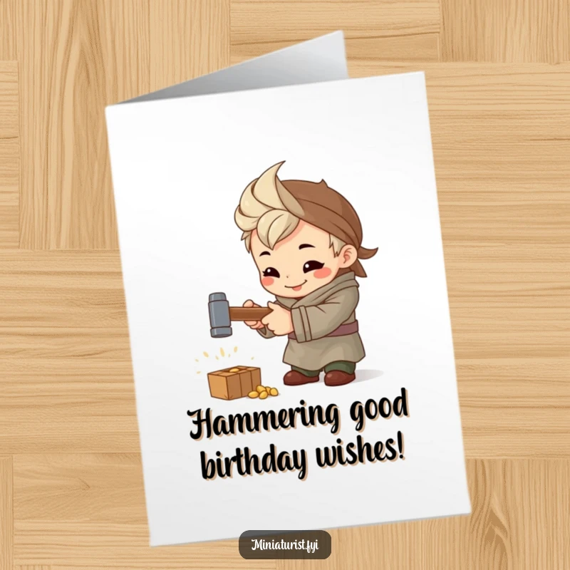 Funny Free Printable Birthday Card: Tiny artisan with intense focus and a smile, hammering a miniature tool.