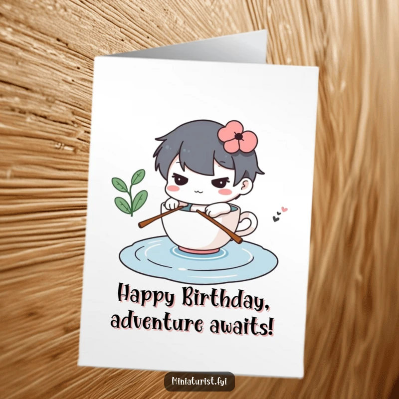 Funny Free Printable Birthday Card: A determined mini figure rows a teacup across a puddle, symbolizing a birthday journey.