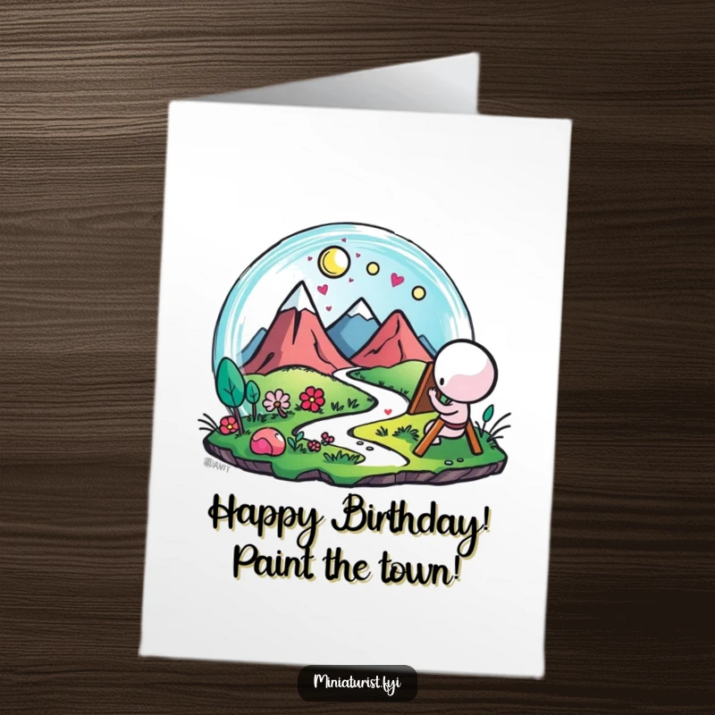 Funny Free Printable Birthday Card: Small figure painting a tiny landscape with vibrant, happy brush strokes.