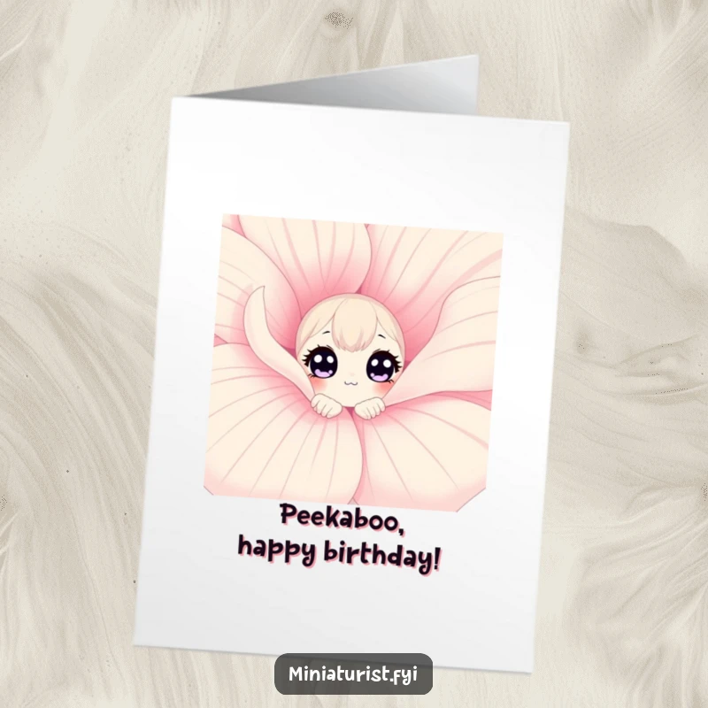 Funny Free Printable Birthday Card featuring a curious character peeking from behind a giant flower petal, full of wide-eyed wonder.