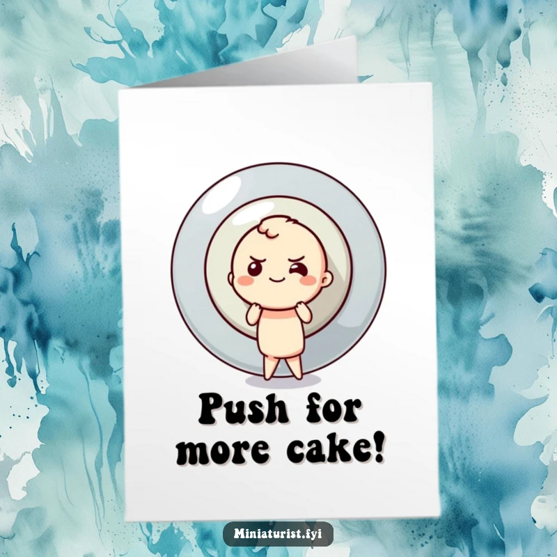 Funny Free Printable Birthday Card showing a determined character attempting to push a colossal button, symbolizing a big celebration.