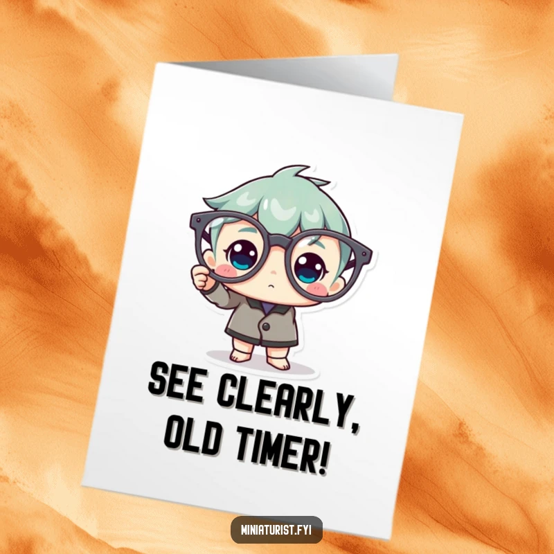 Funny Free Printable Birthday Card: Miniature character proudly polishing gargantuan spectacles, symbolizing a clear and happy birthday.