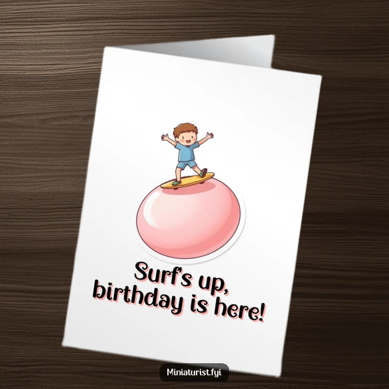 Funny free printable birthday card: miniature person enthusiastically surfing a giant upturned button like a surfboard, pure exhilaration.