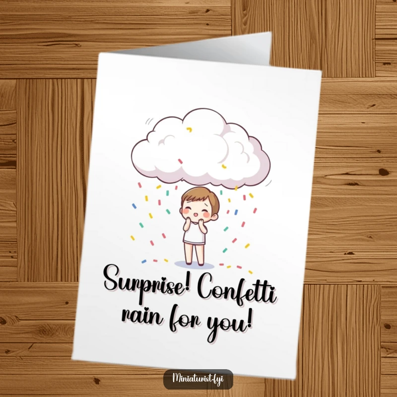 Funny Free Printable Birthday Card: Tiny figure delighted by a miniature raincloud showering colorful confetti, celebrating a surprise birthday.