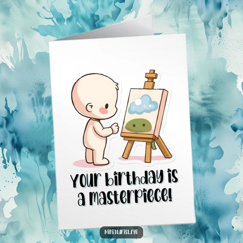 Funny Free Printable Birthday Card: Small figure beaming with pride, smiling while admiring a completed miniature artwork.