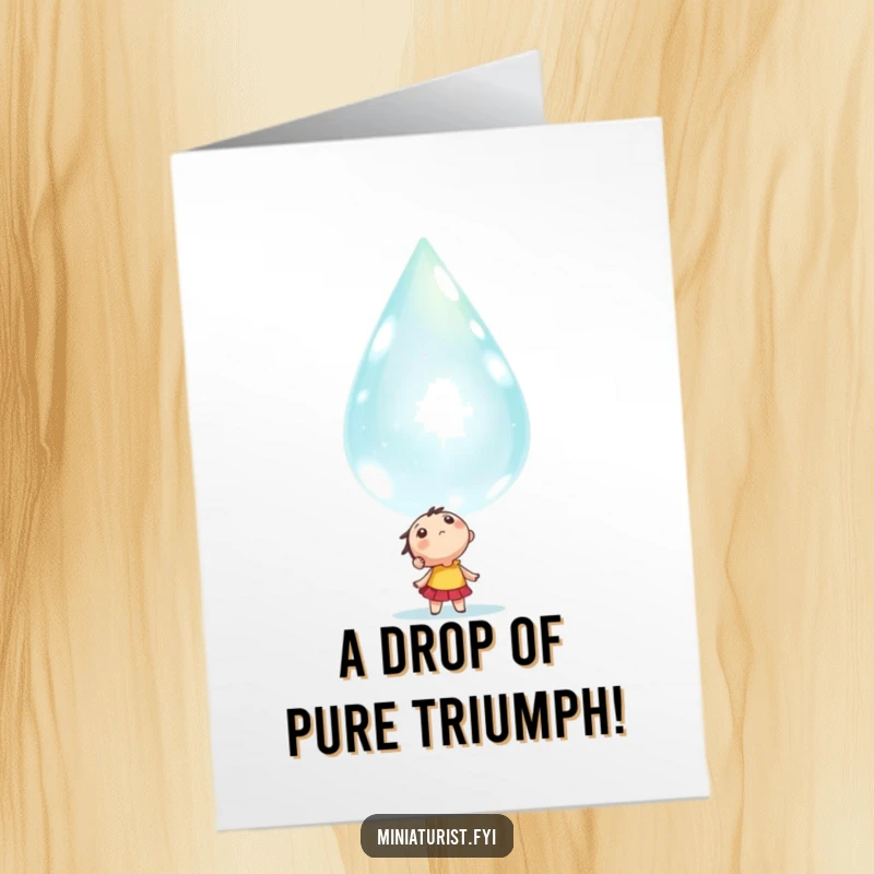 Free Printable Congratulations Card: Small character looks up amazed at a colossal sparkling dewdrop, a wondrous downloadable card.