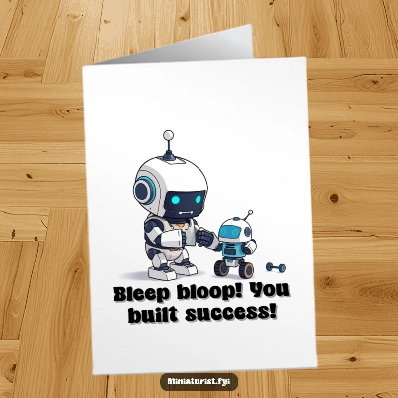 Free Printable Congratulations Card showing a tiny robot character intensely focused on assembling an even tinier robot.