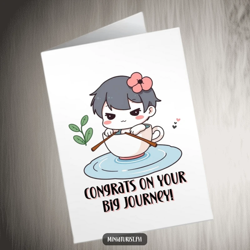 Funny Free Printable Congratulations Card: A determined character rows a teacup across a puddle, celebrating a triumphant journey.