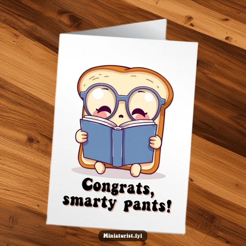 Funny Free Printable Congratulations Card showing a toast slice in spectacles engrossed in a giant book, celebrating intelligence.