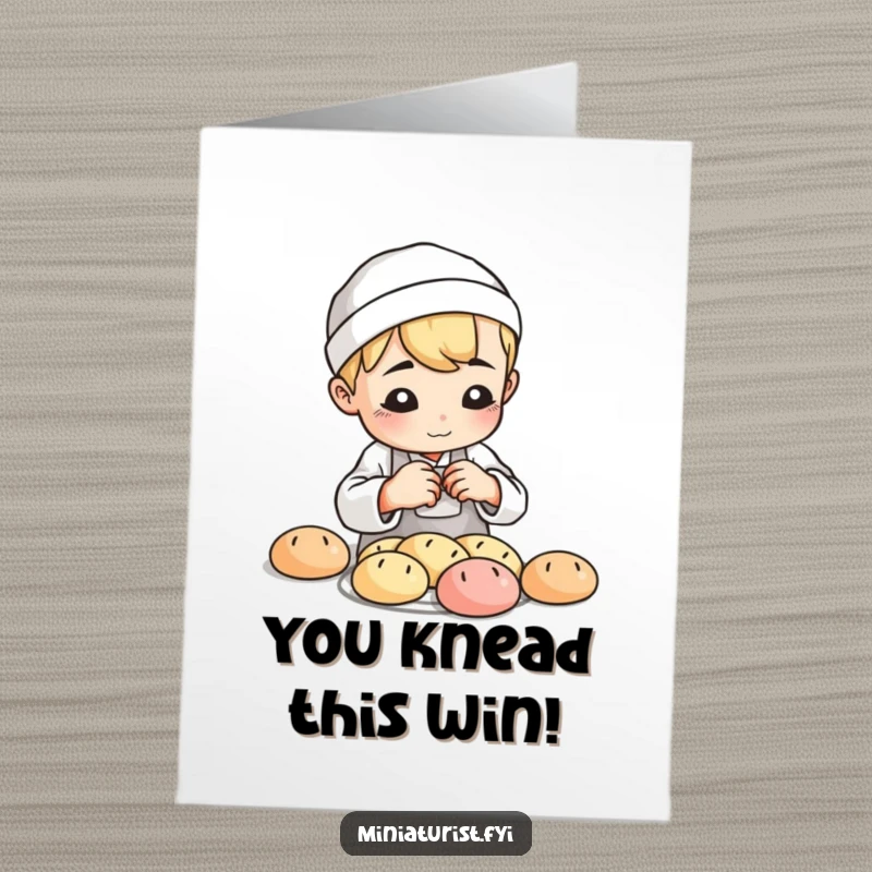 Funny Free Printable Congrats Card: A small baker carefully shaping minuscule bread loaves with playful focus.