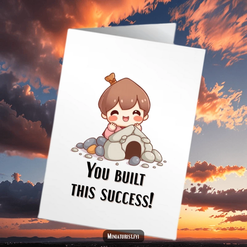 Funny free printable congratulations card: a cute character joyfully builds a tiny house from small pebbles, showcasing dedication.