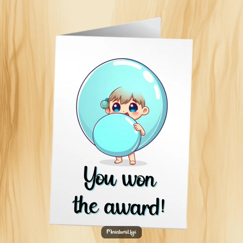 Funny Free Printable Congratulations Card: A small person joyfully clutches an enormous shiny button, celebrating an achievement.