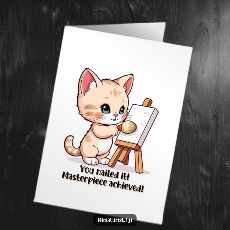 Free Printable Congratulations Card showing a tiny kitten artist proudly painting on a miniature easel with a giant brush.
