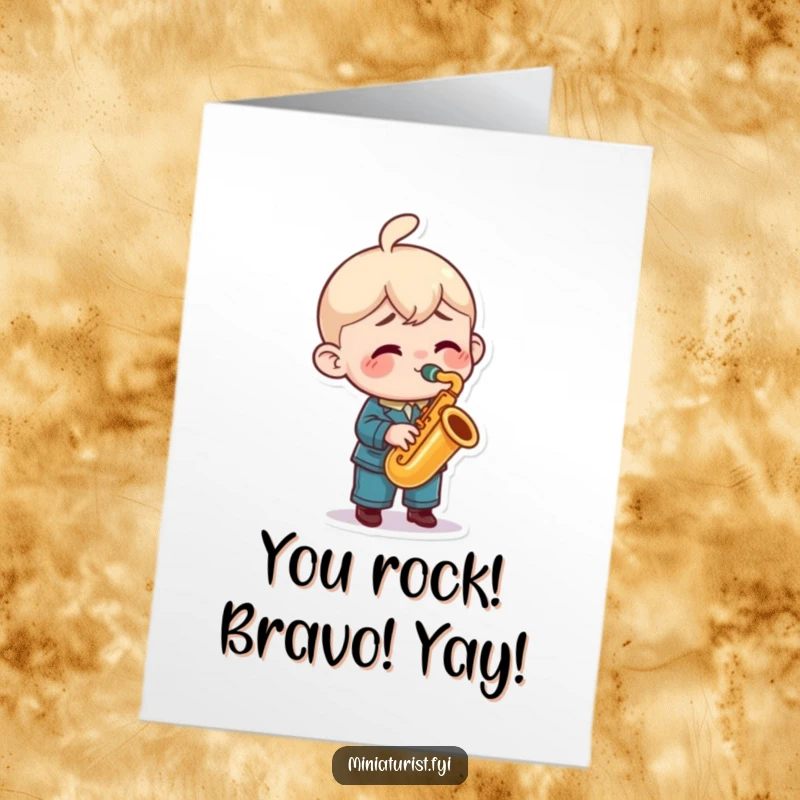 Funny Free Printable Congratulations Card: A miniature character blows passionately into a tiny saxophone, exuding pure joy and musical celebration.