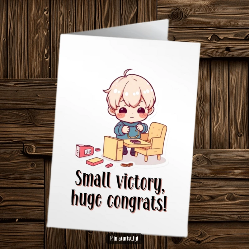 Funny Free Printable Congratulations Card: Tiny character beams proudly assembling miniature furniture, a hilarious DIY gift.