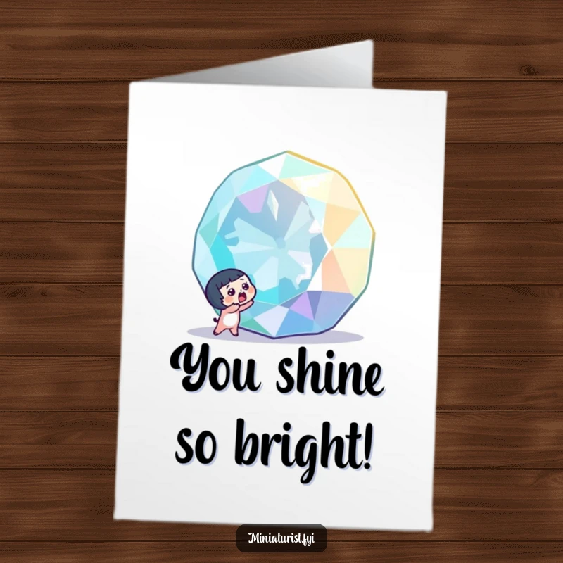 Funny free printable congratulations card: tiny character with a surprised gasp finding a massive, sparkling gemstone, immense joy.