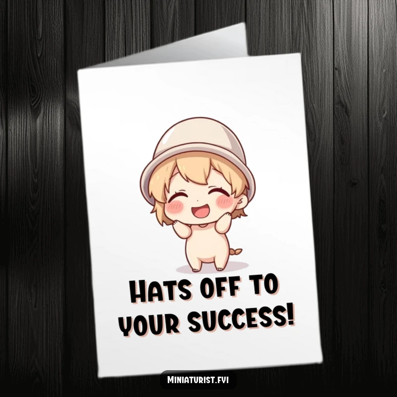 Funny free printable congratulations card: tiny character giggling while wearing a thimble as a hat, celebrating a win adorably.