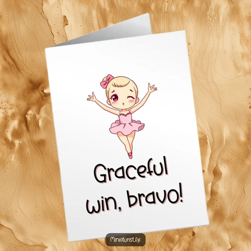 Free Printable Congratulations Card: Miniature character striking a silly, exaggerated ballet pose, celebrating a performance or achievement.