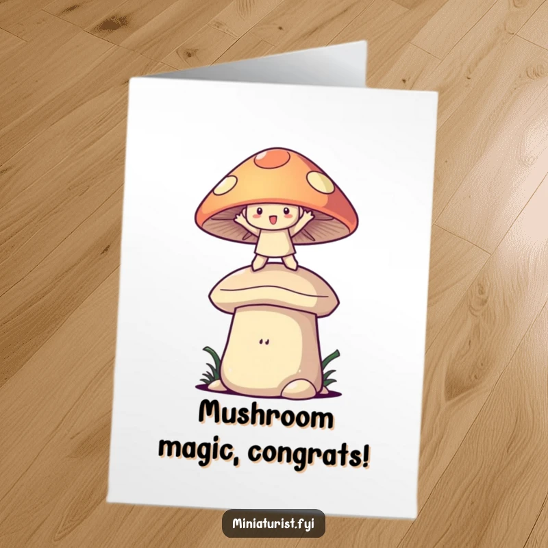 Funny Free Printable Congratulations Card of a character balancing on a giant mushroom, celebrating a hard-won success.