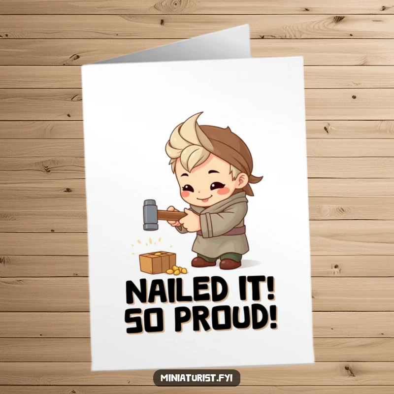 Funny Free Printable Congrats Card: A small artisan skillfully hammering with intense focus and a proud smile.