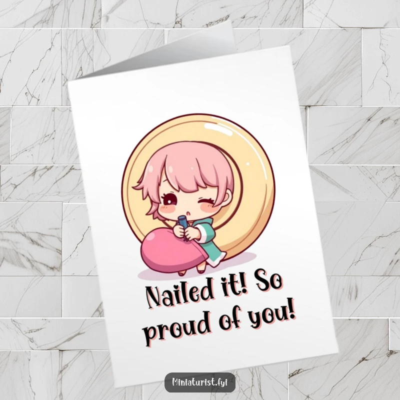 Funny Free Printable Congratulations Card: A tiny character winks mischievously, bravely attempting to sew a massive button onto a piece of cloth.