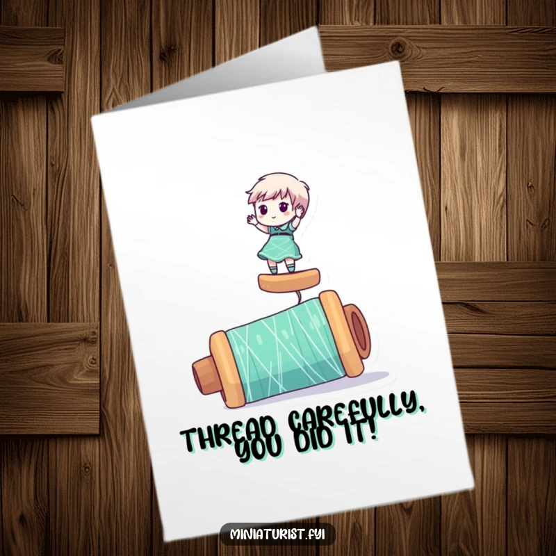 Funny Free Printable Congrats Card: Miniature character precariously balancing on a giant spool of thread, celebrating achievement.