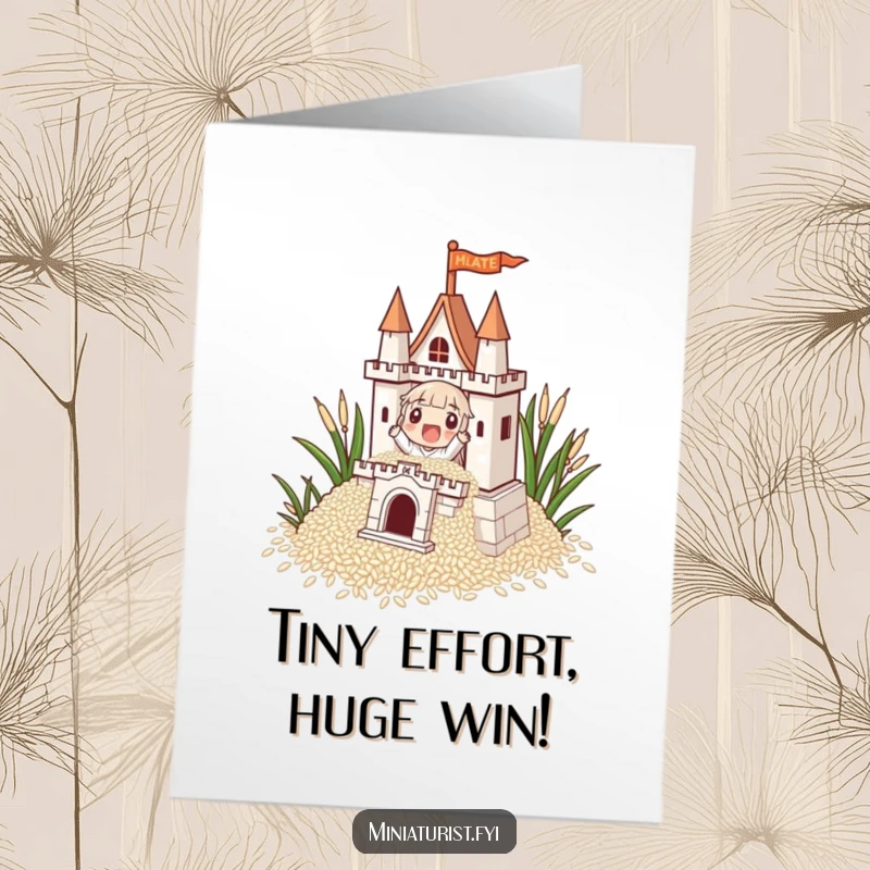 Funny Free Printable Congratulations Card: Minuscule character diligently constructing a rice castle, symbolizing grand achievements.