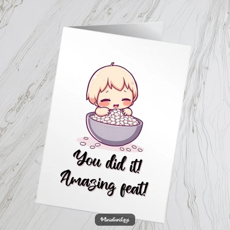 Funny Free Printable Congrats Card: Tiny character comically struggles with lifting one single grain of rice, a true feat.