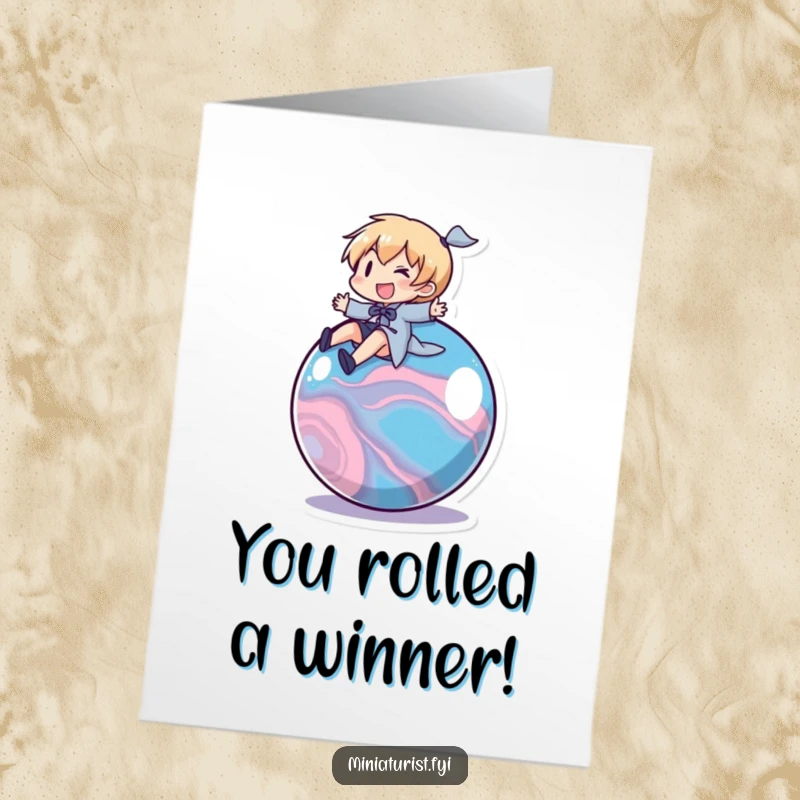 Funny Free Printable Congratulations Card: Character Joyfully Riding a Rolling Marble, Symbolizing a Smooth and Successful Journey.