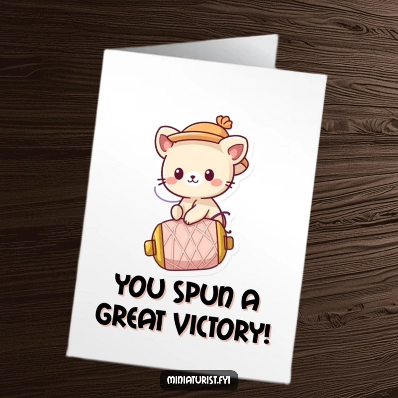 Free Printable Congratulations Card showing a cute animal character wearing a hat, joyfully riding a runaway spool of thread.