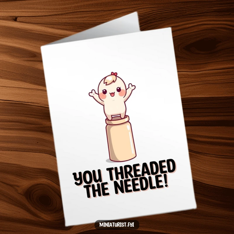 Free Printable Congratulations Card: Small character balances on a thimble, waving arms, a daring downloadable card.