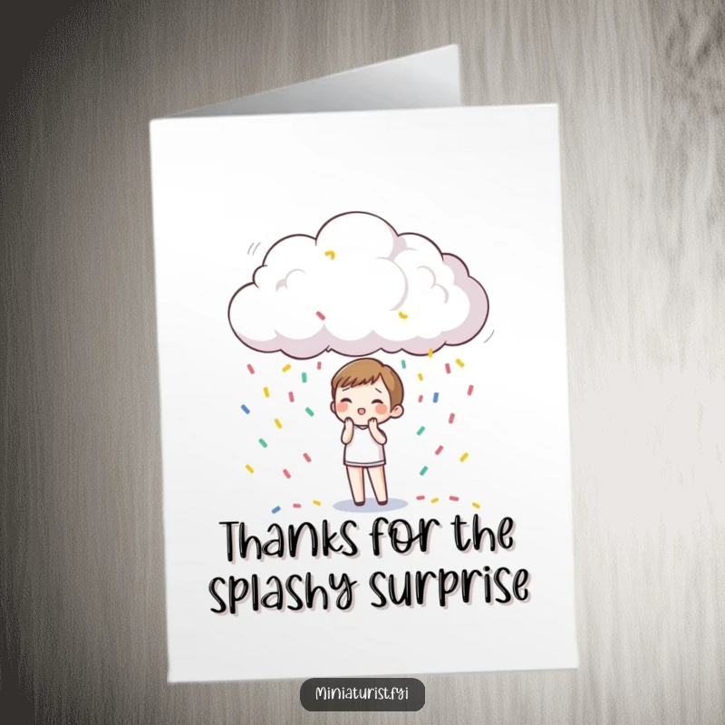Funny Free Printable Thank You Card: Miniature figure enjoying a surprise confetti rain from a tiny cloud, expressing playful gratitude.