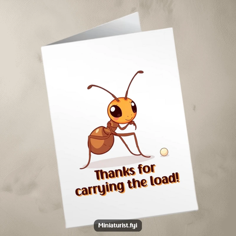 Funny Free Printable Thank You Card of a determined ant carrying a minuscule pearl, symbolizing a valuable gift of thanks.