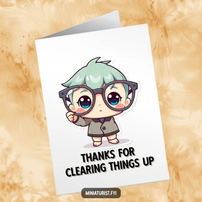 Funny Free Printable Thank You Card: Miniature character polishing gargantuan spectacles, symbolizing a clear and bright appreciation.
