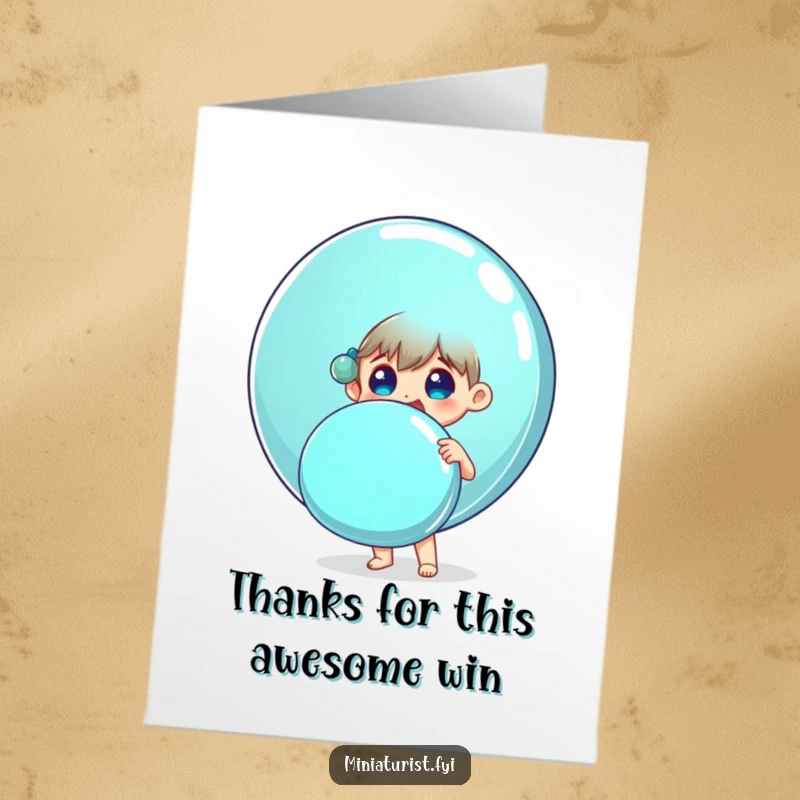 Funny Free Printable Thank You Card: A small, delighted person hugs a giant shiny button, conveying gratitude.