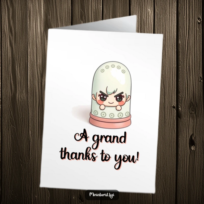 Free Printable Thank You Card: A miniature figure with a mischievous look hiding behind a colossal thimble, a fun downloadable gift.
