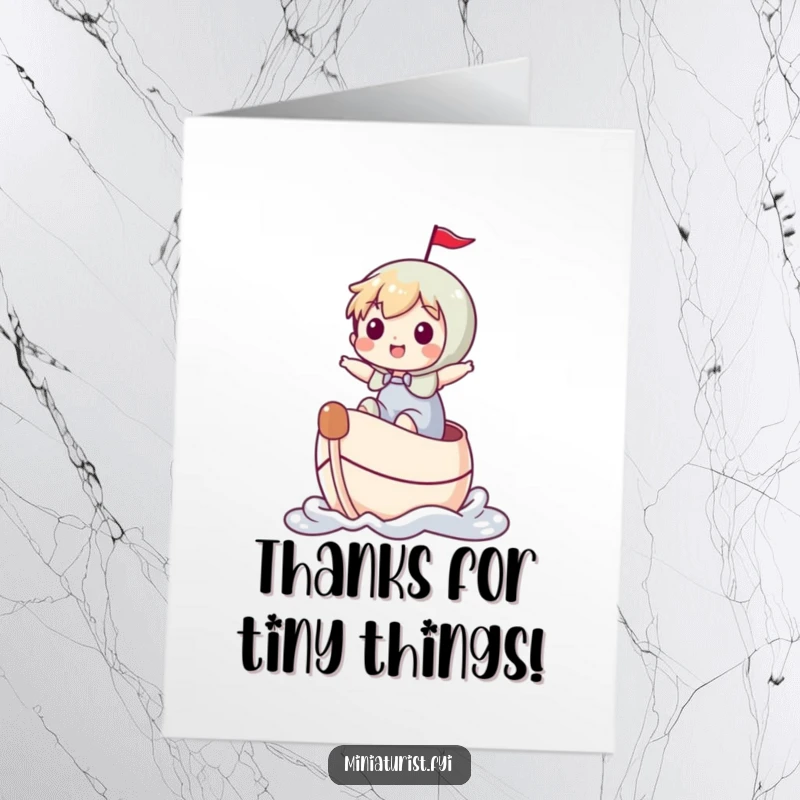 Funny Free Printable Thank You Card: A miniature character joyfully steering a thimble like a boat, conveying thanks humorously.