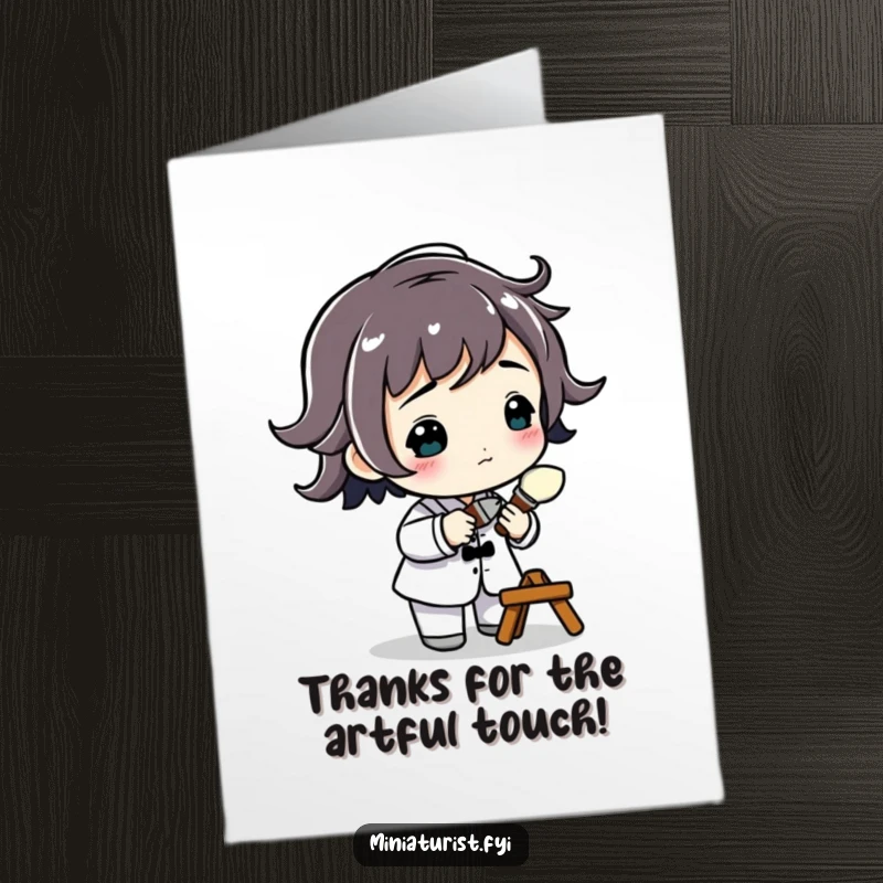Funny Free Printable Thank You Card: Small figure wielding a minuscule paintbrush, concentrating on adding a precise detail.