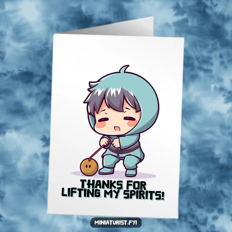 Funny Free Printable Thank You Card: Tiny character sweats and strains lifting a minuscule dumbbell, a comically earnest DIY gift.