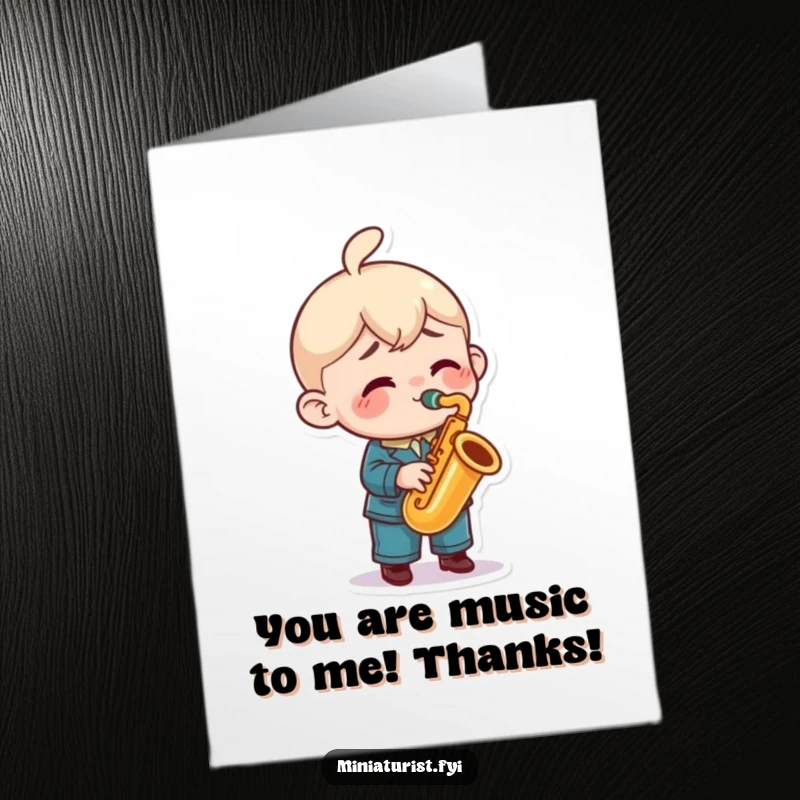 Funny Free Printable Thank You Card: A small, energetic character joyfully plays a tiny saxophone, conveying thanks with musical enthusiasm.