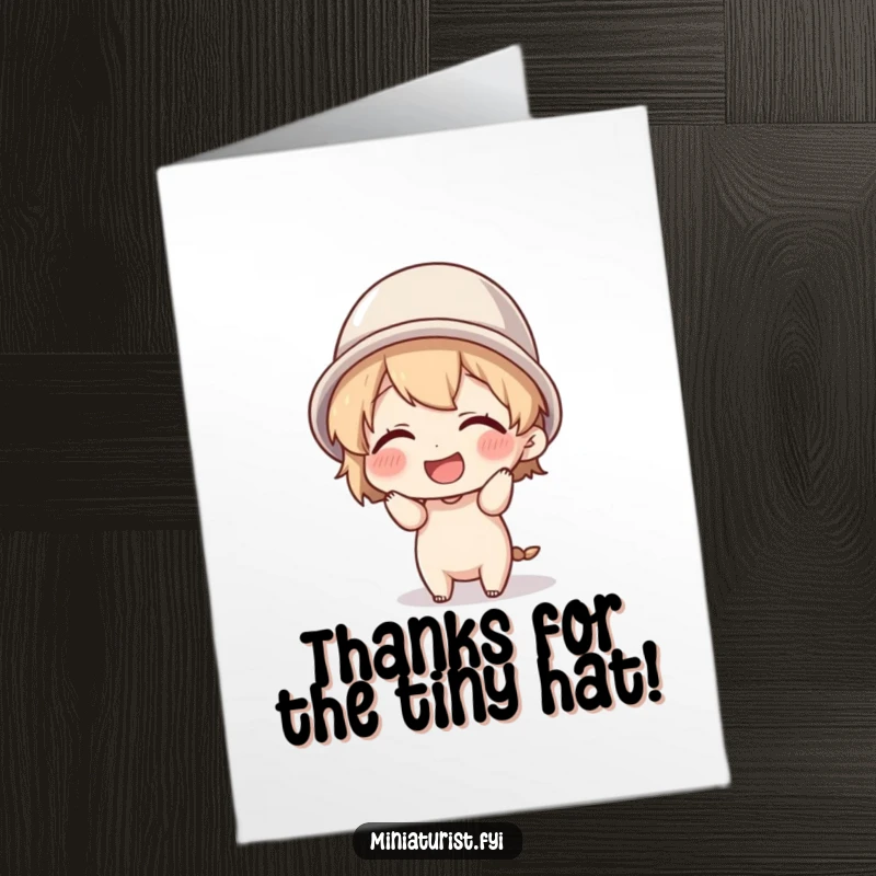 Funny free printable thank you card: tiny character giggling with delight while wearing a thimble as a quirky hat.