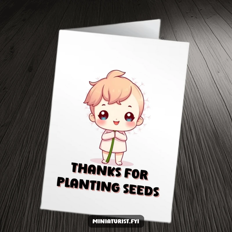 Funny Free Printable Thank You Card: A small character proudly clutches a huge dandelion seed, a downloadable expression of thanks.