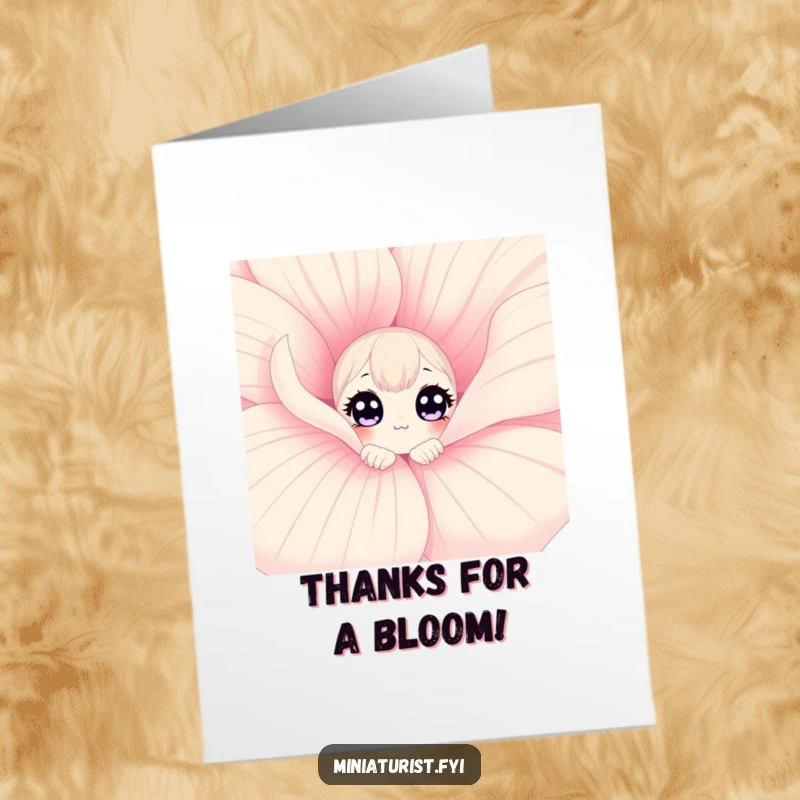 Funny Free Printable Thank You Card with a curious character peeking from behind a colossal flower petal, offering thanks.