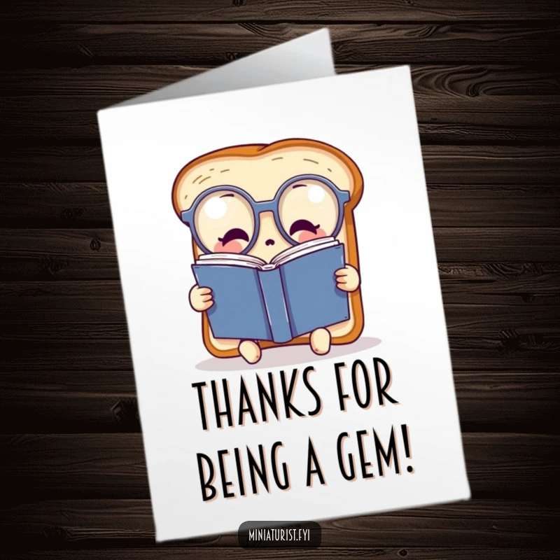 Funny Free Printable Thank You Card featuring a toast slice wearing spectacles, reading a large book, expressing thanks intellectually.